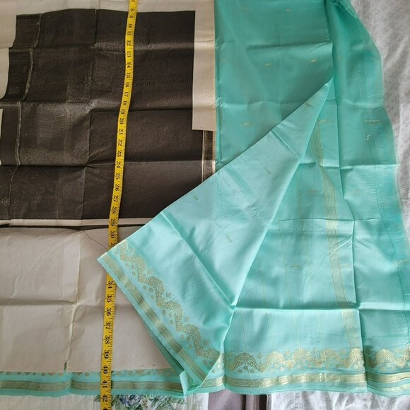 Seafoam Green Silk & Gold Banarasi Saree Sari 2 Pcs NEW 44W x 184L - Picture 5 of 16
